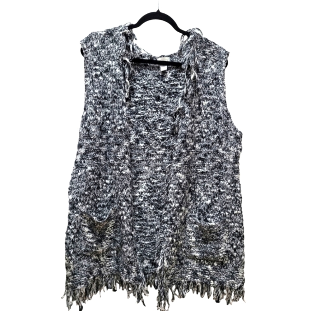 Chico’s Fringe Sleeveless Oversized Wool Blend Knit Open Front Cardigan Vest